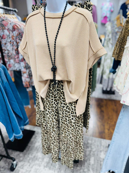 Corded Ribbed Cuffed Sleeve Top Beige