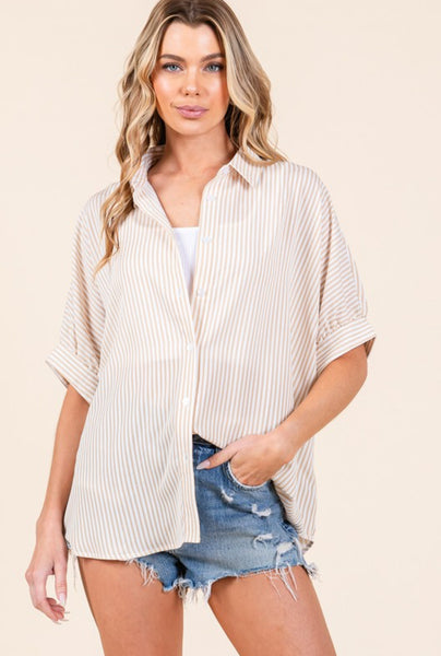 Stripe Oxford Button Down Shirt Taupe Tan
