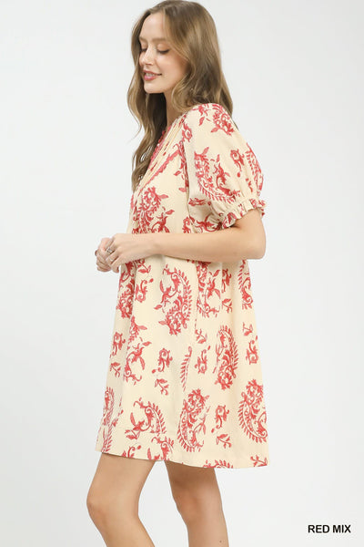 UMGEE Paisley Scallop Trim Dress Red Mix