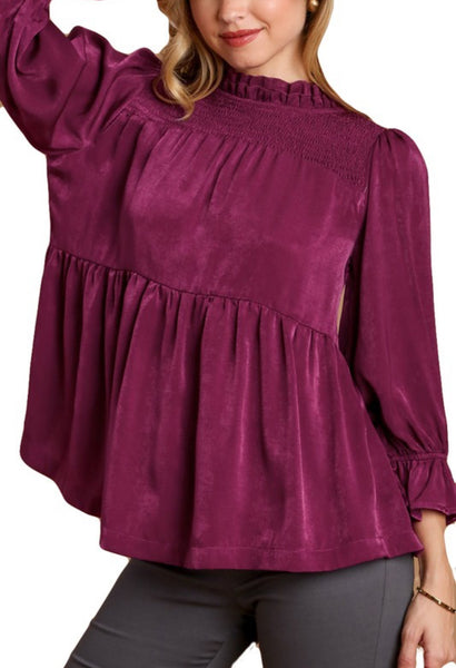 UMGEE Plum Satin Ruffle Top