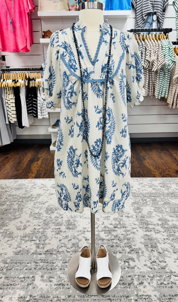 UMGEE Paisley Scallop Trim Dress Blue Mix