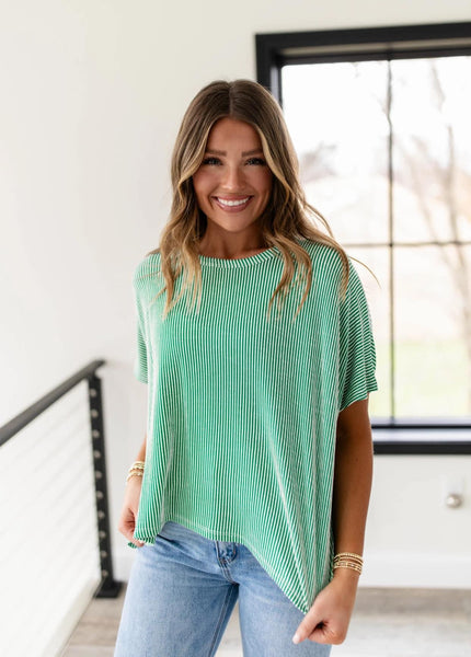 Ribbed Striped Short Sleeve Top Green