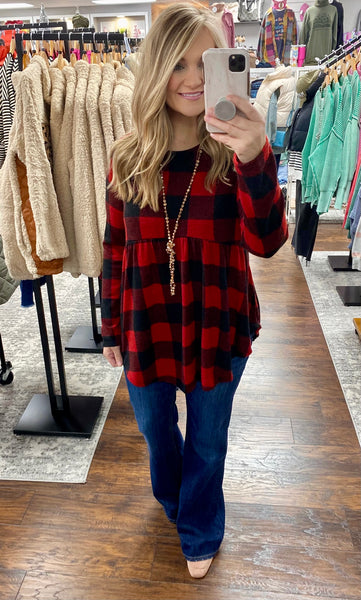 Red & Black Plaid Babydoll Top