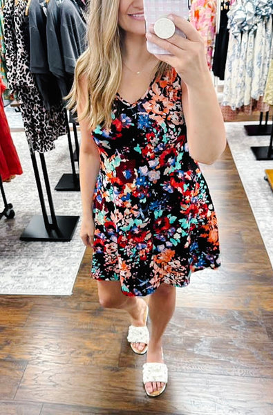 Black Bright Floral V Neck Sun Dress