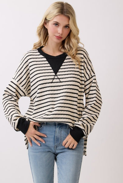Stripe Knit Pullover Top Black