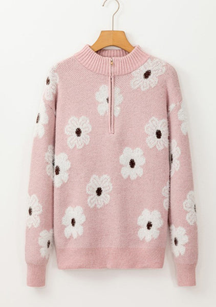 Rose Floral Half Zip Sweater Pullover