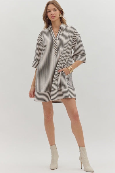 Stripe Pattern Collared Dress Black Mix