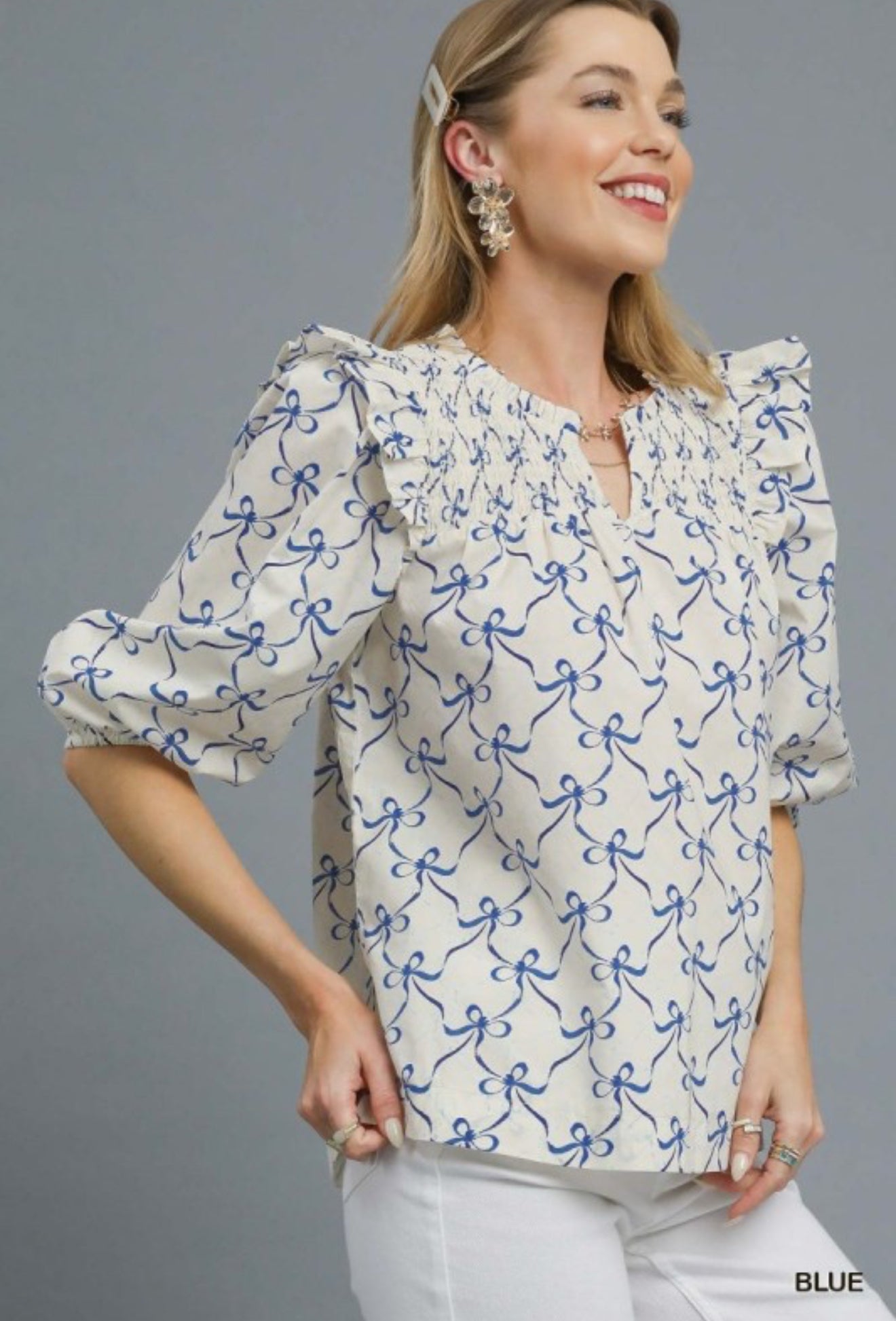 UMGEE Blue & Cream Quarter Sleeve Top