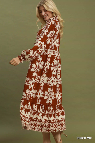 UMGEE Cameron Border Print Maxi Dress Brick