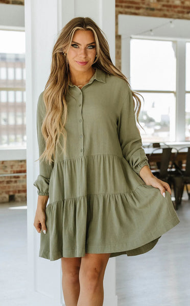 Dusty Green Tiered Button Shirt Dress