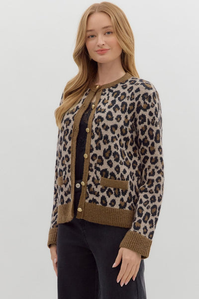 Leopard Pattern Knit Cardigan Sweater
