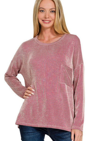 Red Stripe Long Sleeve Pocket Top