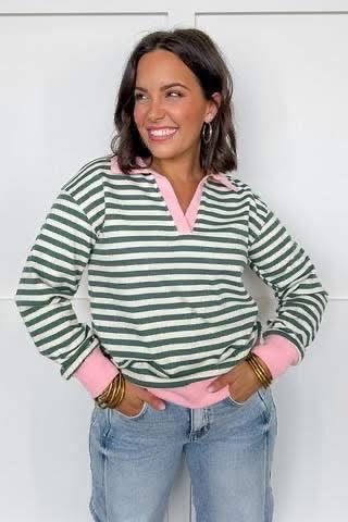 Stripe Contrast Collar Top Green Pink