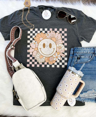 Comfort Colors Checker Floral Smiley Tee