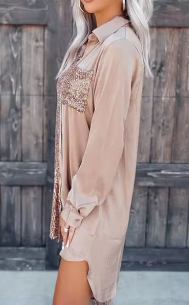 Sequin Button Down Shirt Dress Champagne