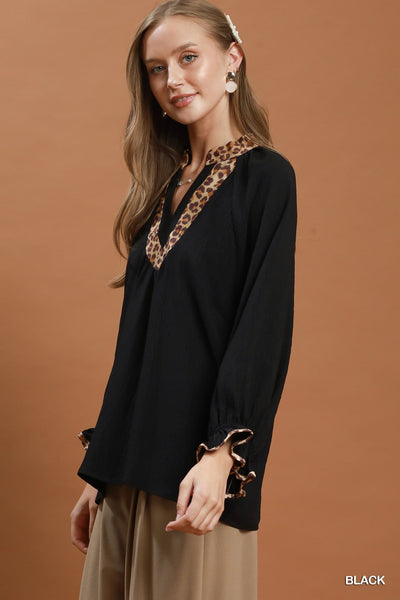 UMGEE Leopard Trim Puff Sleeve Top Black