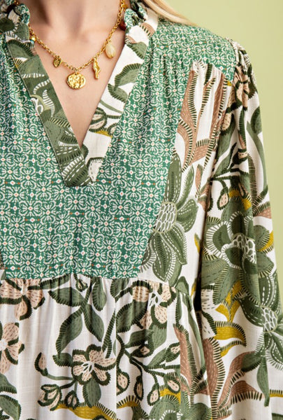 Green Mixed Print Tiered Midi Dress