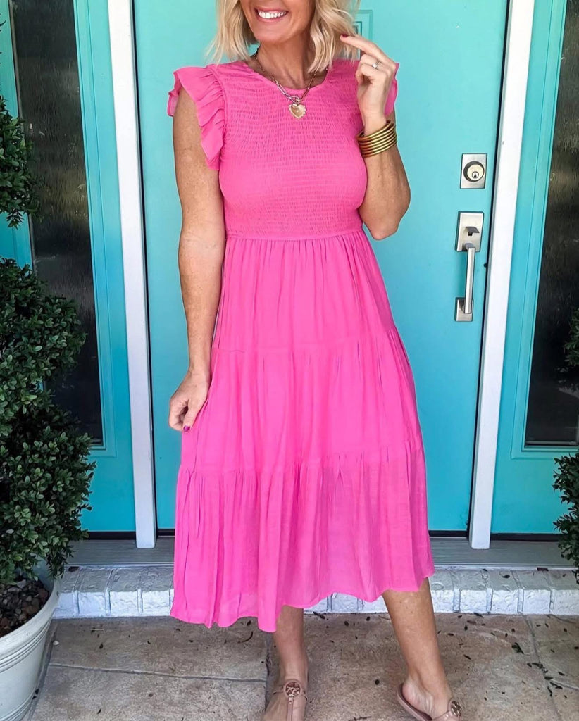 Hot Pink Smocked Ruffle Midi Dress