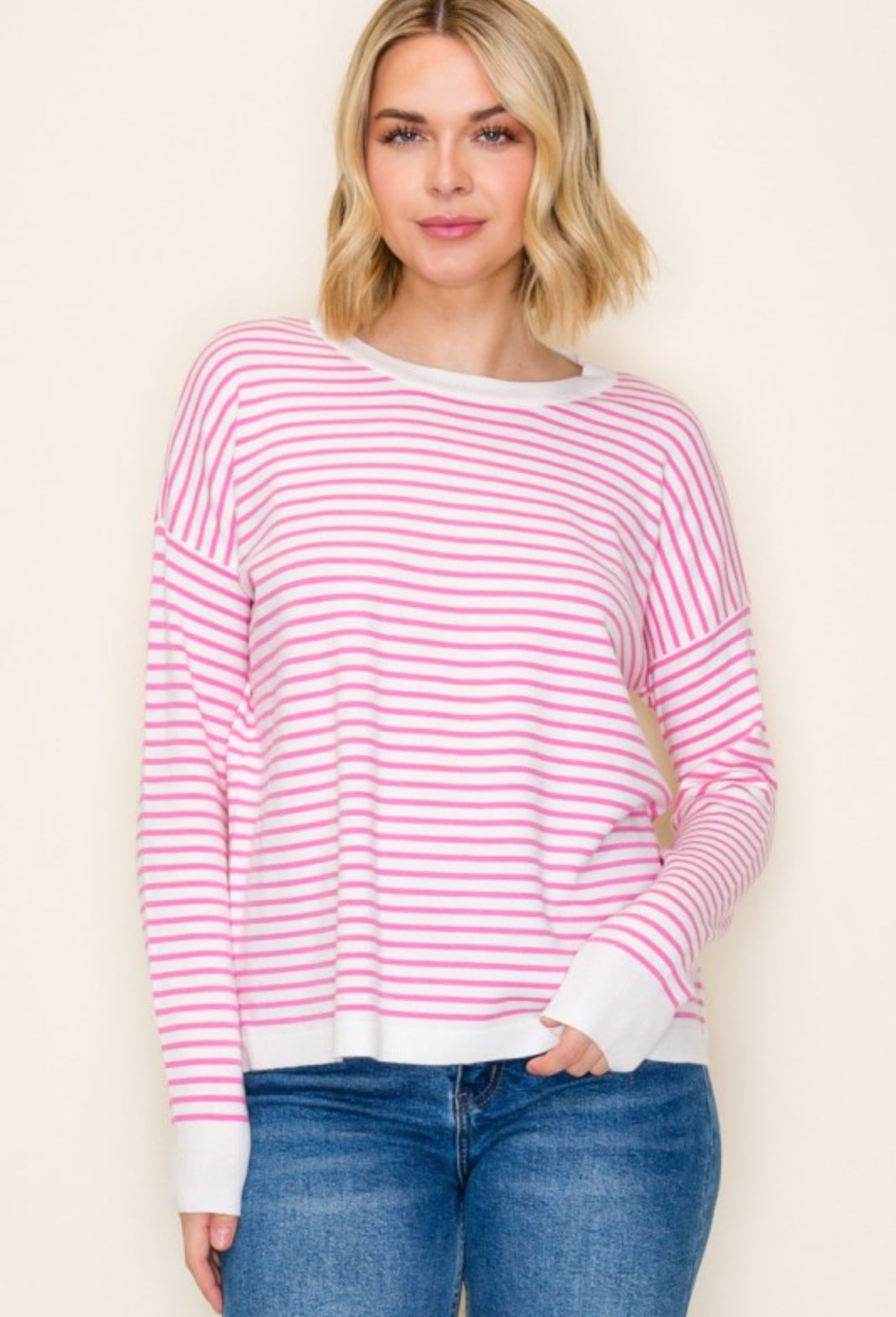 Everyday Relaxed Fit Stripe Sweater Pink