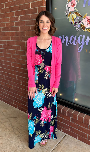 Dark Navy Mint Fuchsia Floral Maxi Dress