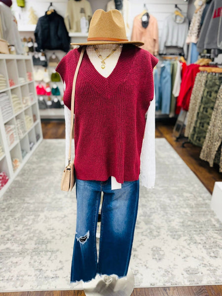 V Neck Boxy Sweater Vest Dark Red