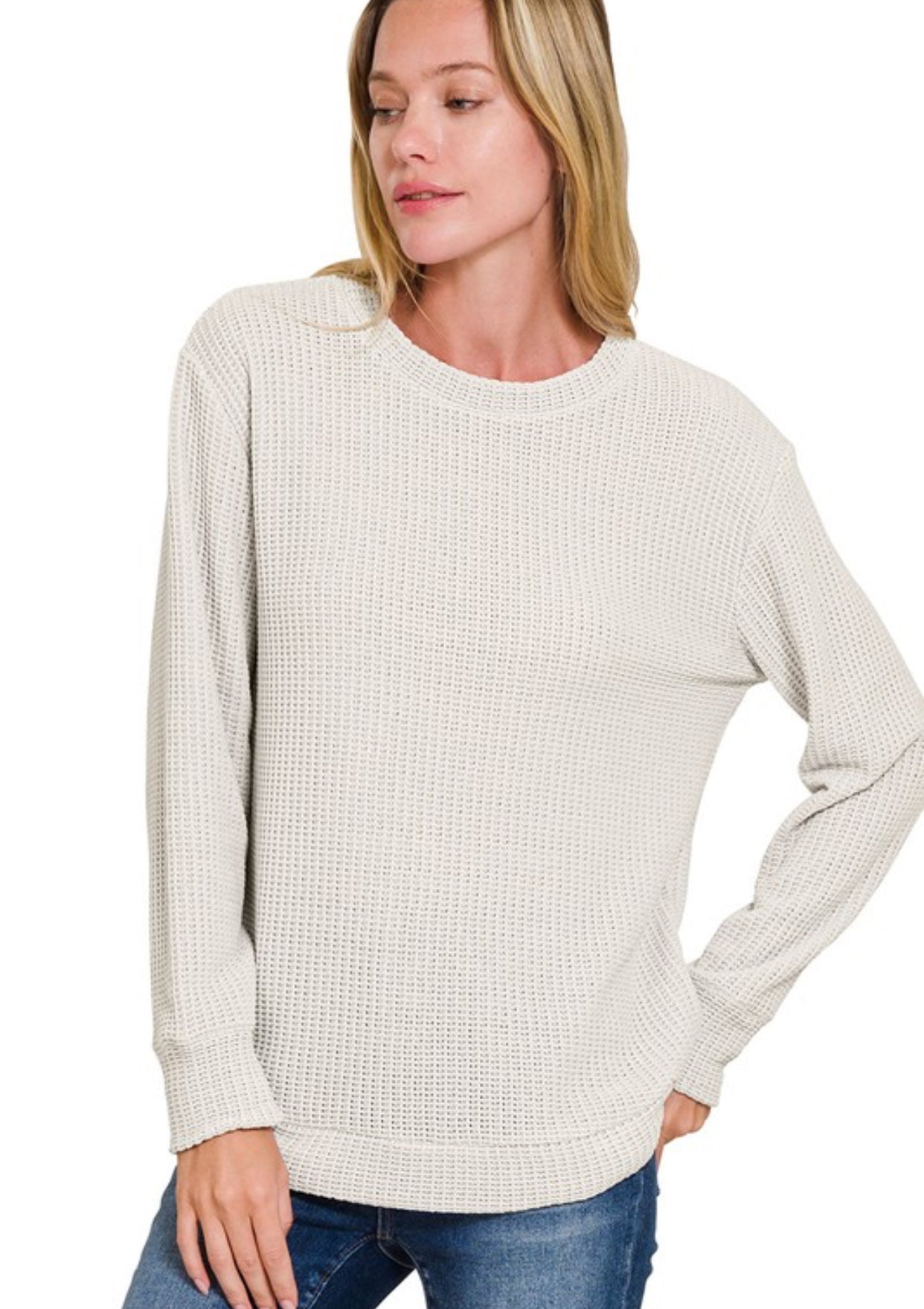 Chenille Waffle Knit Crew Sweater Ivory