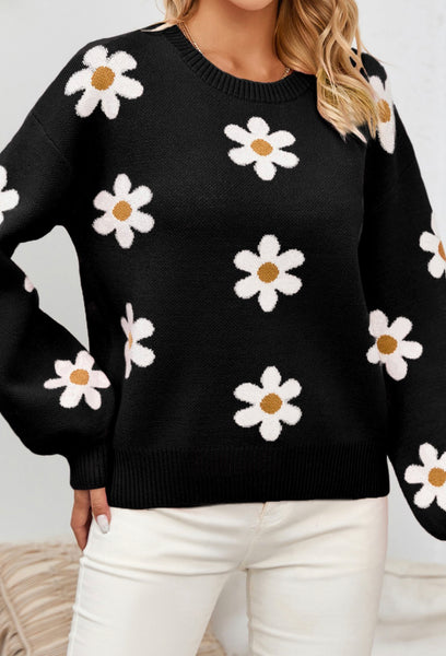 Drew Daisy Floral Sweater Black
