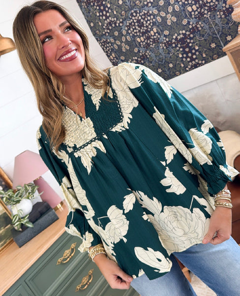 UMGEE Hampton Leaf Print Top Teal
