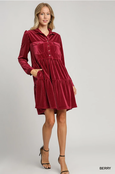 UMGEE Velvet Textured Collared Dress Berry