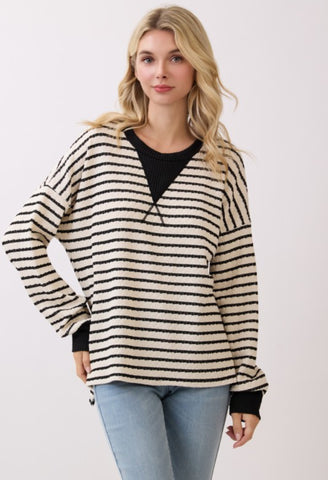 Stripe Knit Pullover Top Black
