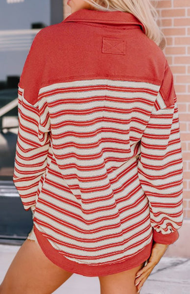 Red Striped Collared Relaxed Fit Top