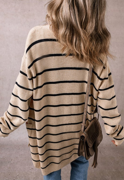 Khaki Black Stripe Pocket Cardigan