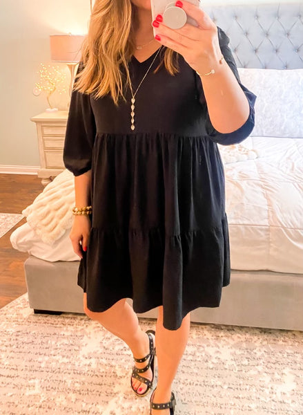 UMGEE V Neck 3/4 Sleeve Tiered Dress Black