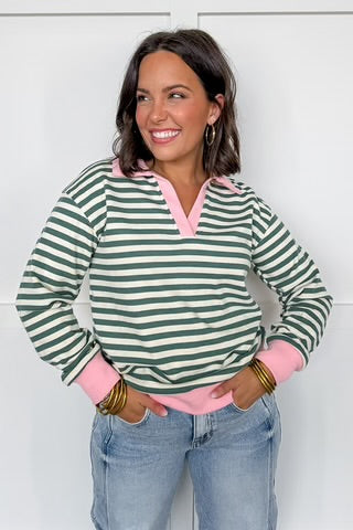 Green Stripe Pink Contrast Collared Top