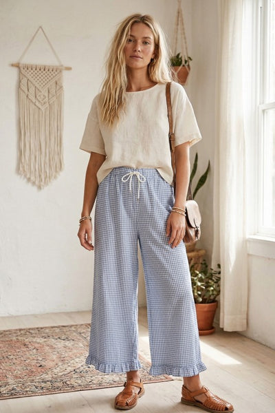 Gingham Ruffle Pant Blue Mix