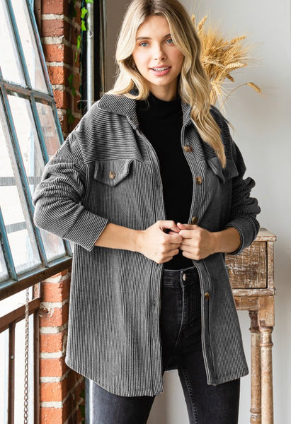Textured Button Down Shacket Charcoal