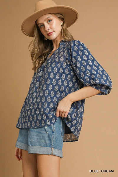 UMGEE Blue & Cream Floral Top