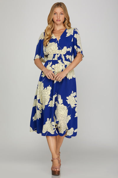 Royal Blue Floral Midi Dress