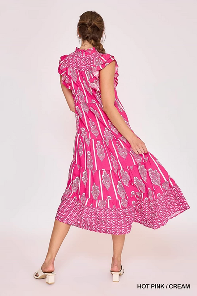 UMGEE Border Print Smocked Maxi Dress Pink Mix