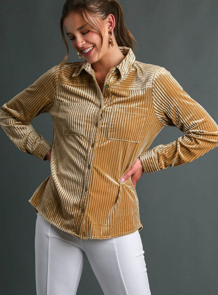 UMGEE Champagne Velvet Button Down Top