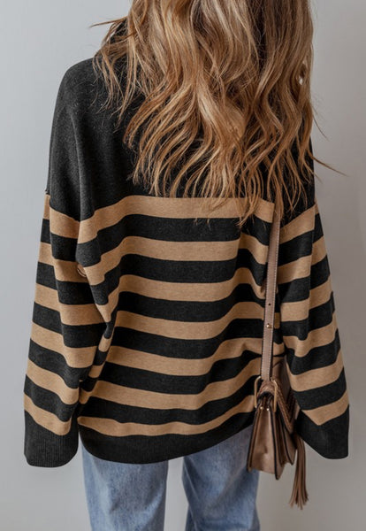 Stanford Stripe Quarter Zip Sweater Black Tan