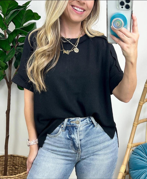 Corded Ribbed Top Black