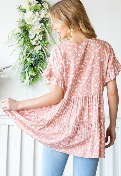 Dusty Pink Floral Tiered Flutter Sleeve Top
