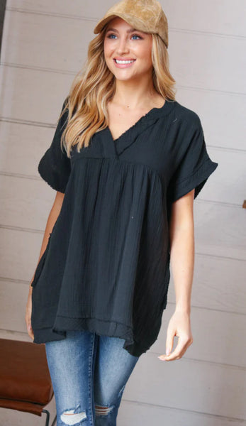 Laci Raw Hem Top Black