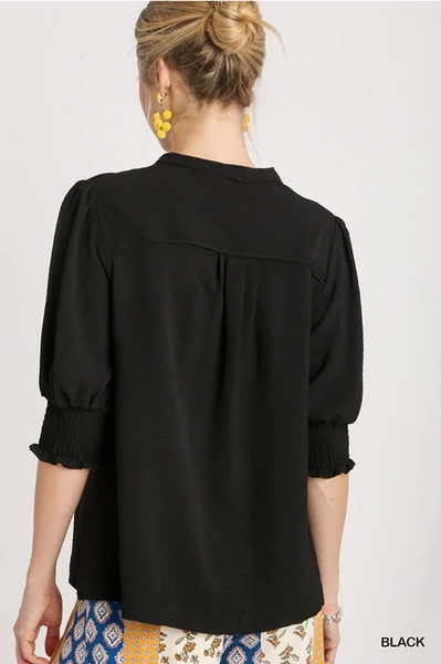 UMGEE Smocked Cuff Popover Top Black