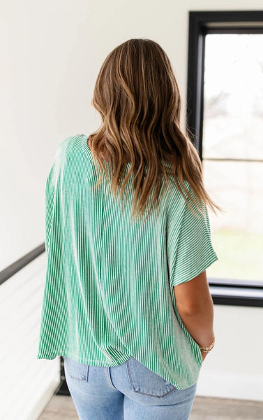 Ribbed Striped Short Sleeve Top Green