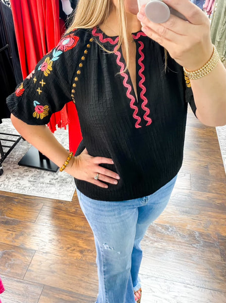 Sammy Black Embroidered Floral Top