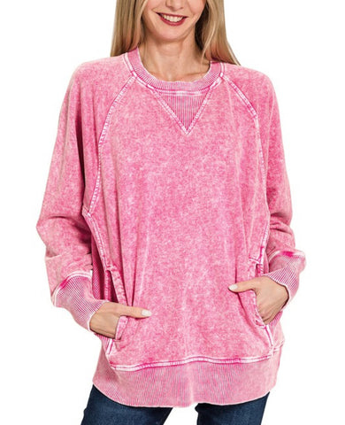 Acid Wash Pocket Sweatshirt Hot Pink