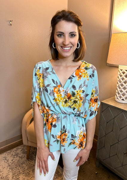 Sky Blue Floral Wrap Top