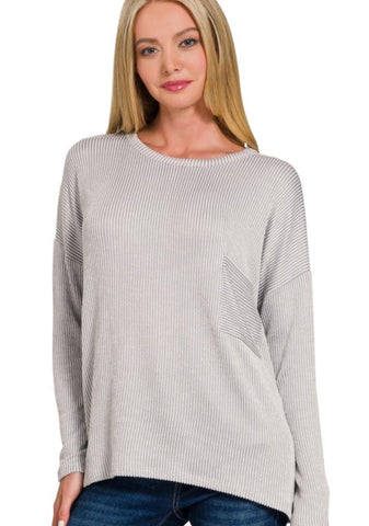 Ribbed Striped Long Sleeve Top Sleet Grey